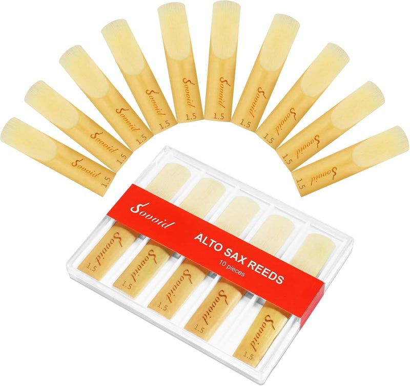 Sovvid 10 Pack Professional Alto Saxophone Reeds with Plastic Box, Strength 1.5 Alto Sax Reeds, Laser Engraved Marking & Thinner Reed Tip for Easy of Play, Traditional Reeds for Saxophone Alto - Image 1